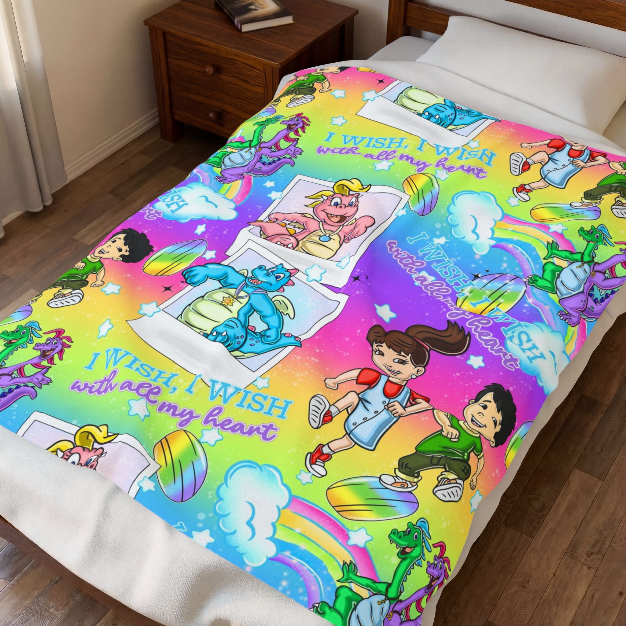 Velveteen Plush Blanket — Retro Rainbow Wish Kids’ Character Throw
