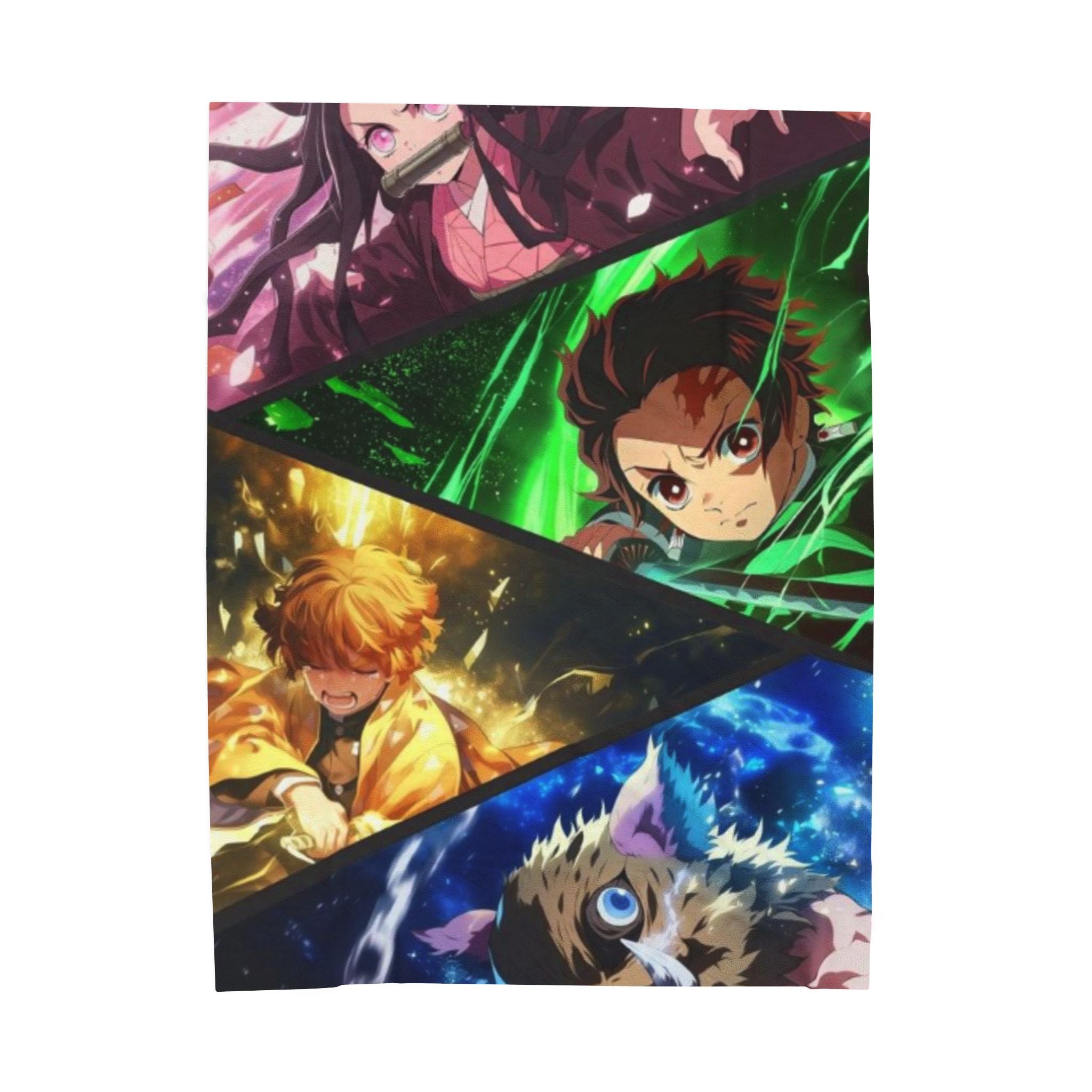 Anime Character Collage Velveteen Plush Blanket – Demon Slayer Tanjiro, Zenitsu & Inosuke Design