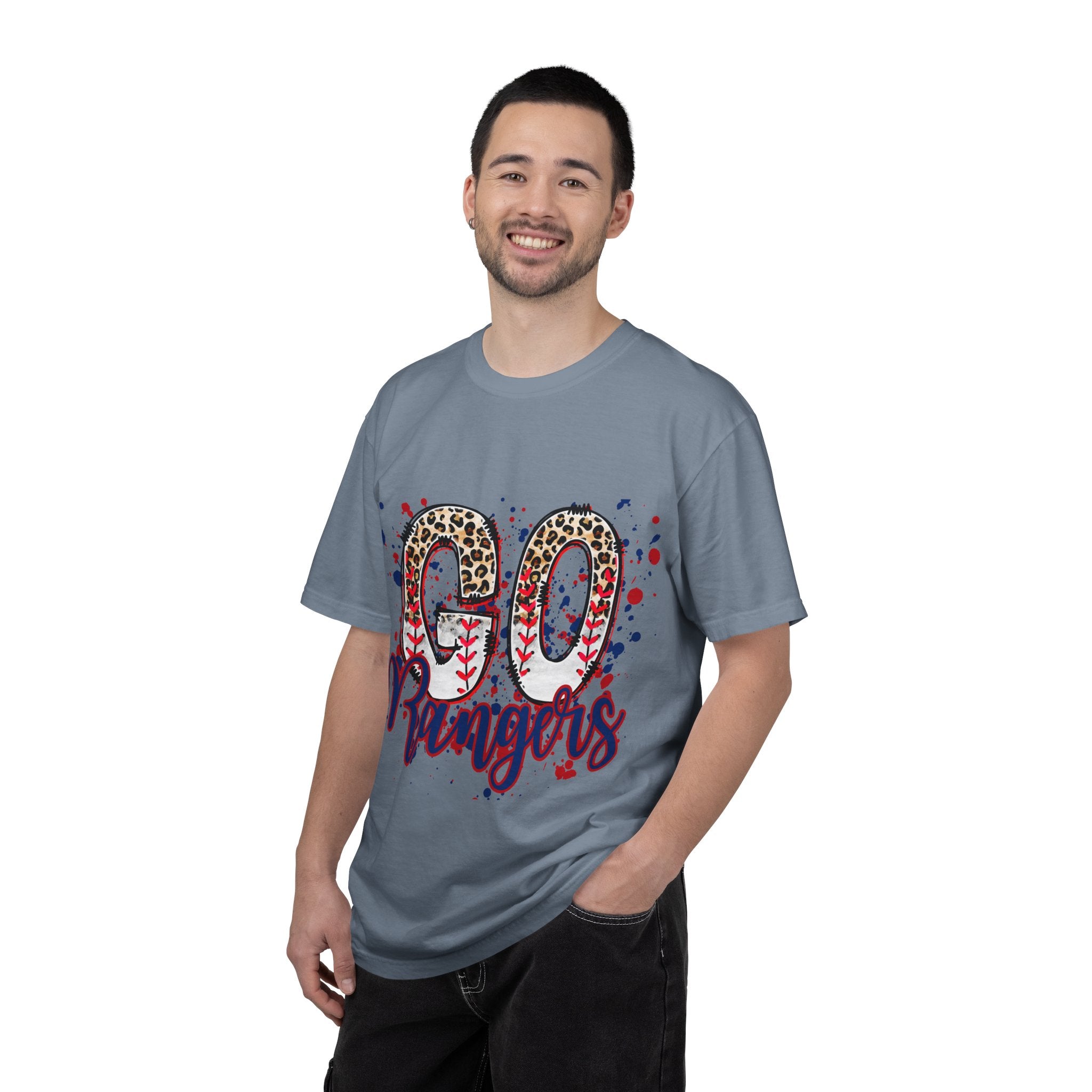 GO Rangers Leopard Baseball T-Shirt — Splatter Graphic Fan Tee