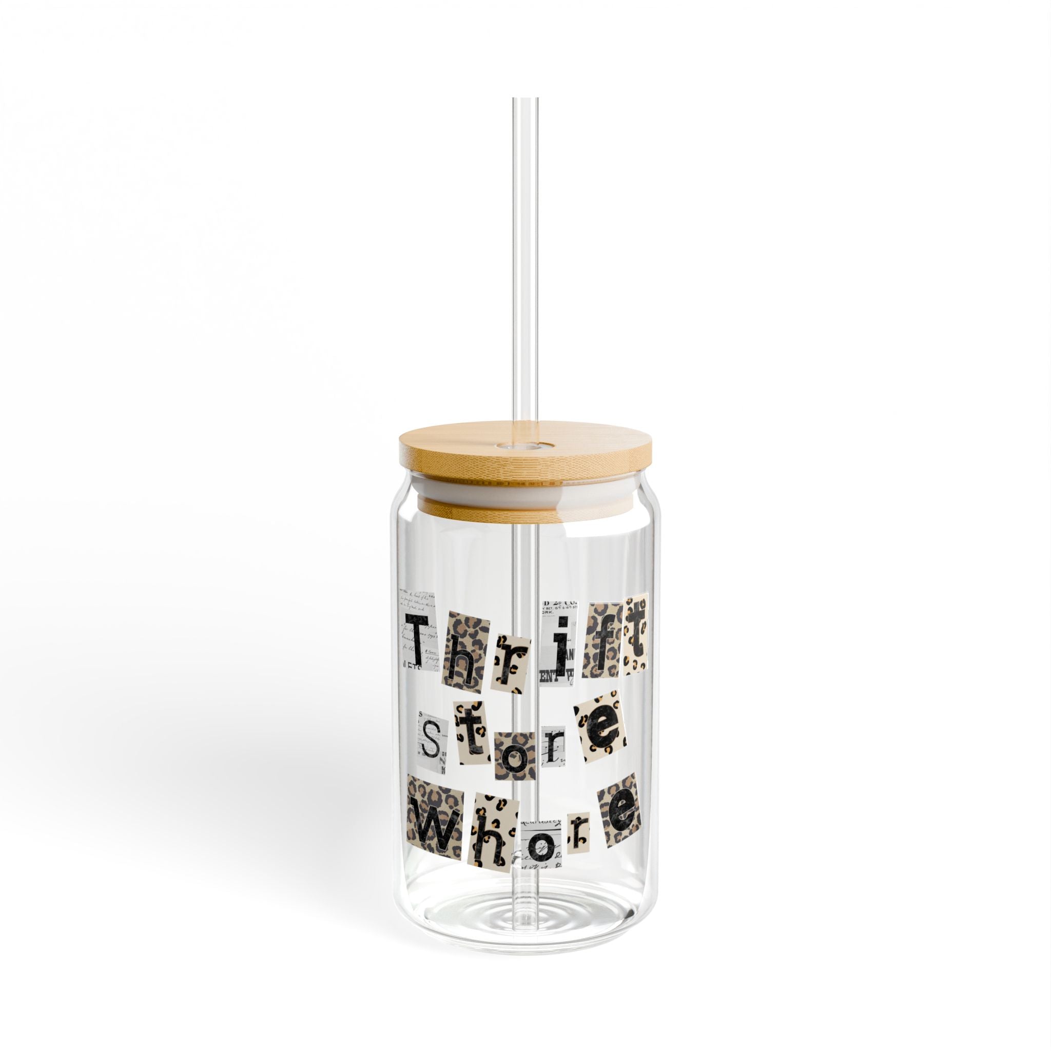 16oz Glass Sipper with Bamboo Lid — "Type Store Whole" Vintage Lettering