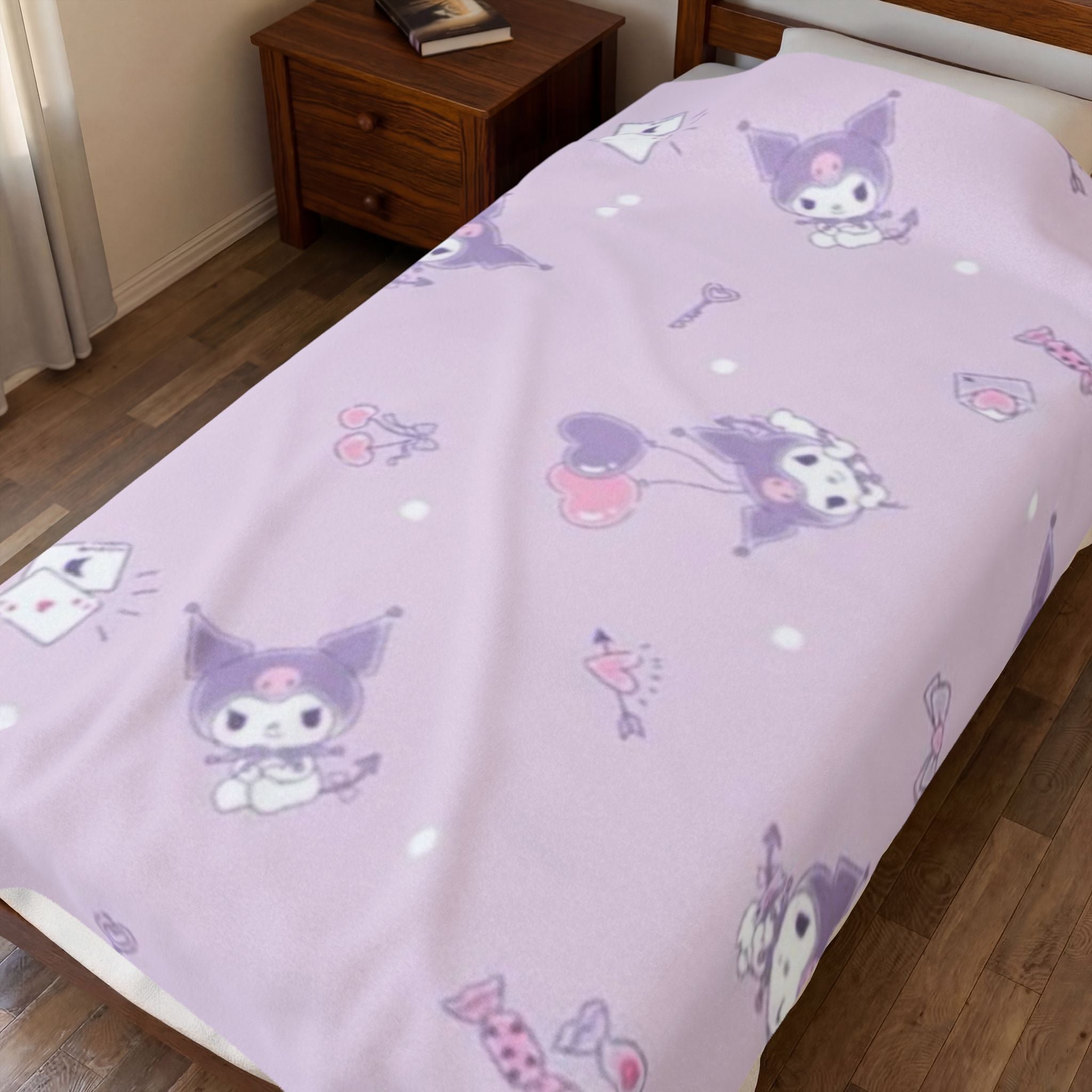 Plush Velveteen Blanket – Cute Lavender Kawaii Character Throw