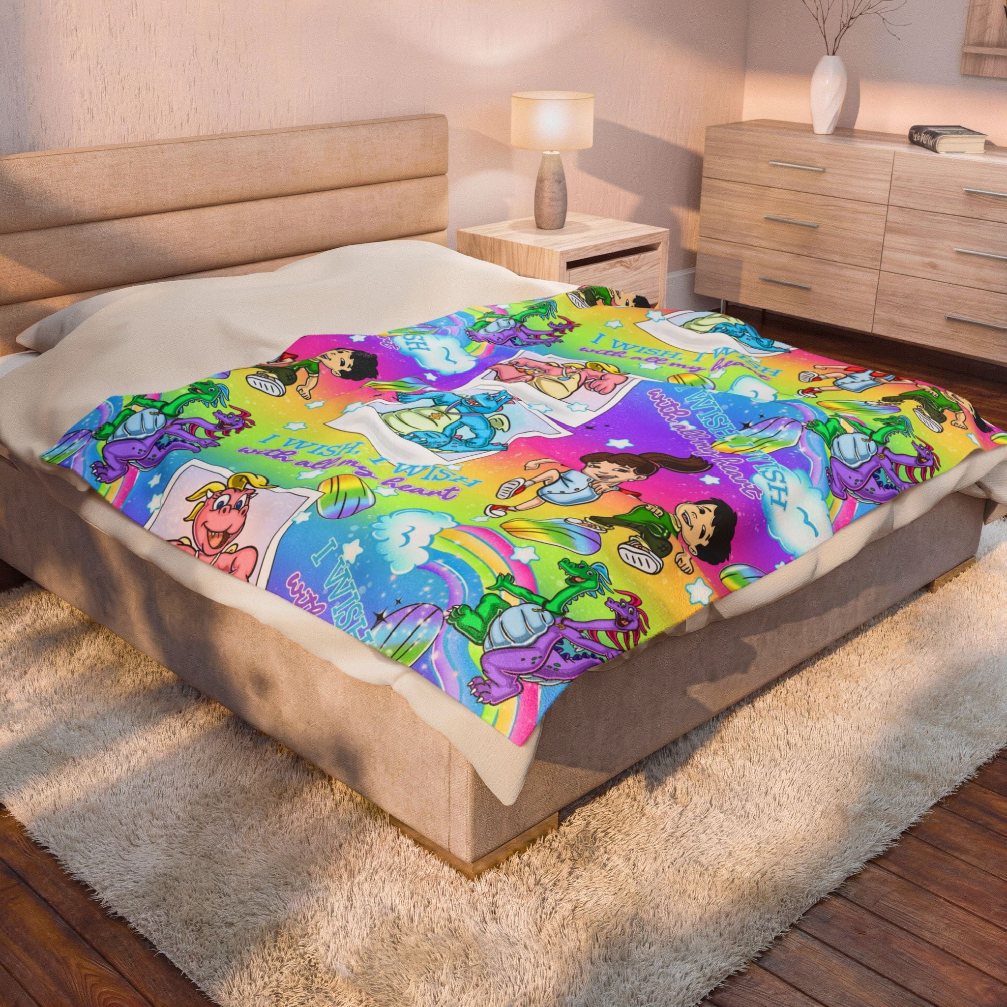 Velveteen Plush Blanket — Retro Rainbow Wish Kids’ Character Throw