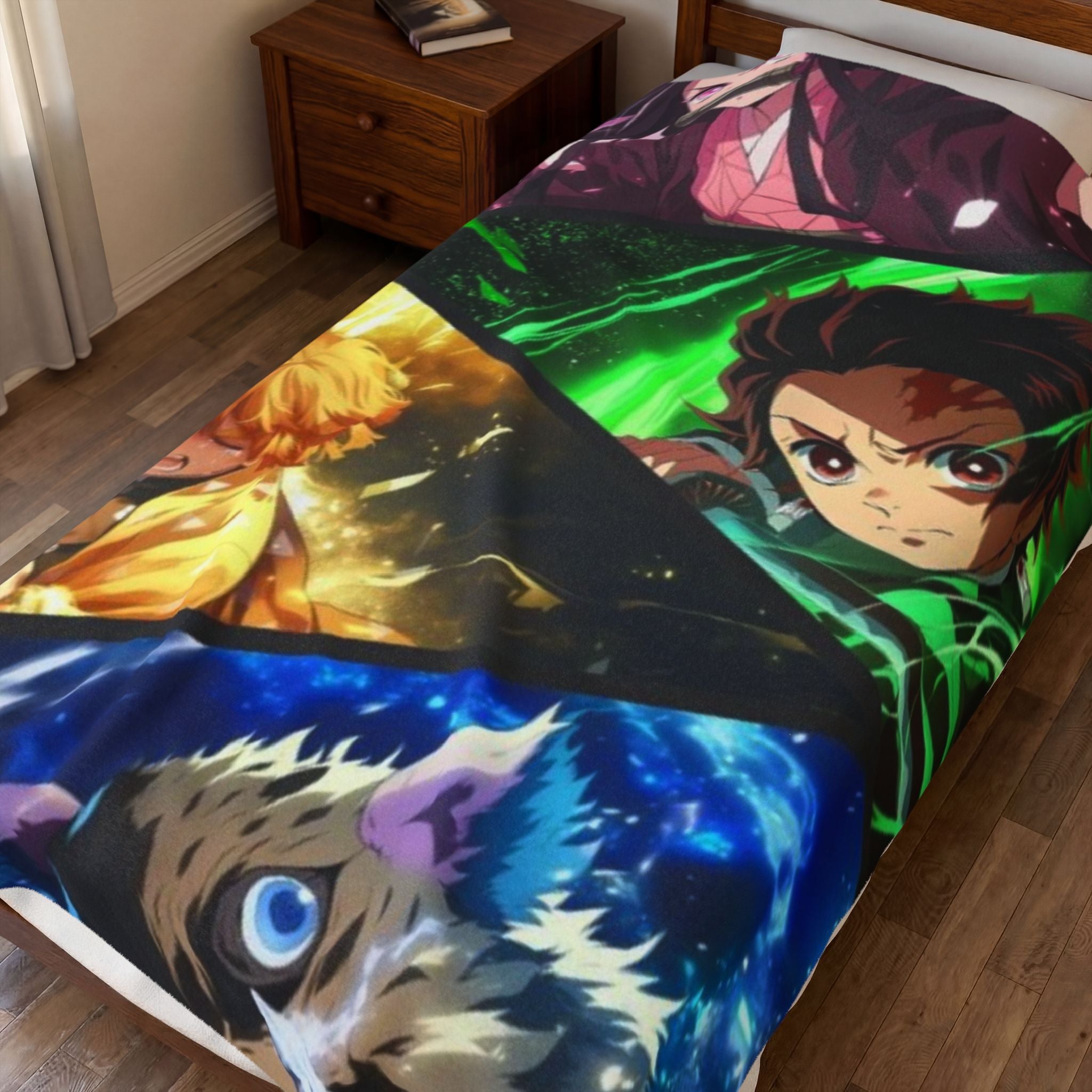 Anime Character Collage Velveteen Plush Blanket – Demon Slayer Tanjiro, Zenitsu & Inosuke Design