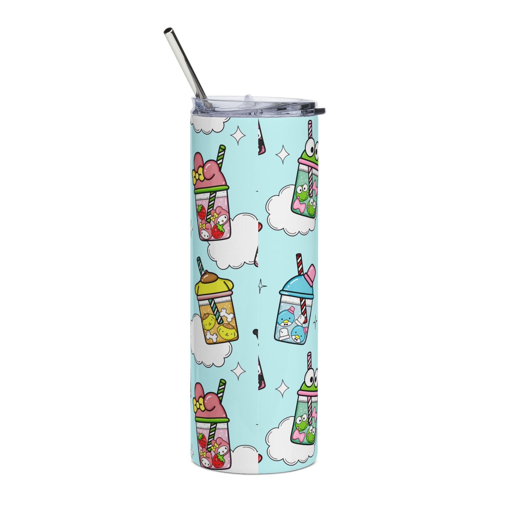 20oz Kawaii Bubble Tea Stainless Steel Tumbler – Cute Boba Cups on Pastel Blue