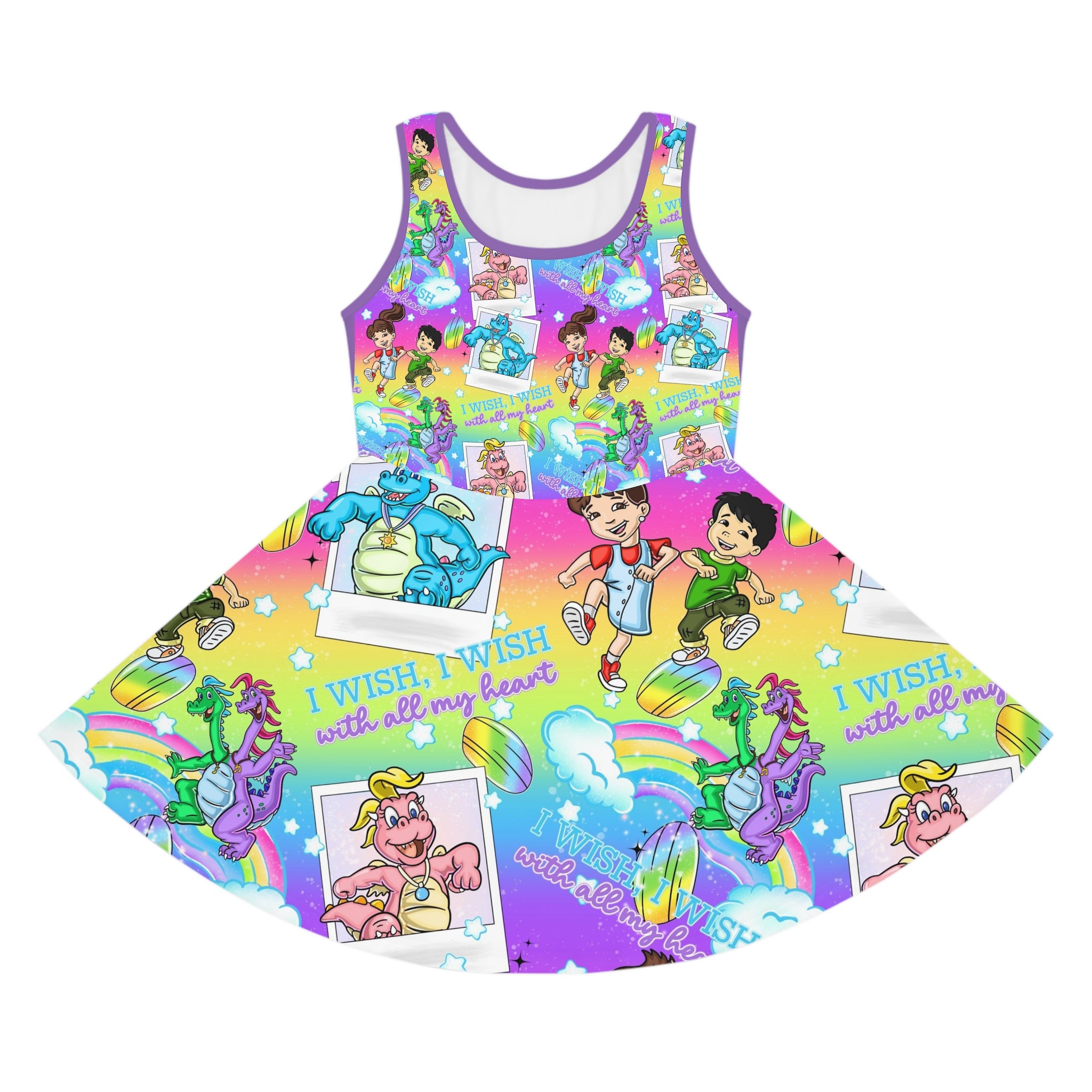 Kids Rainbow Cartoon Character Sundress — "I Wish With All My Heart" Pattern