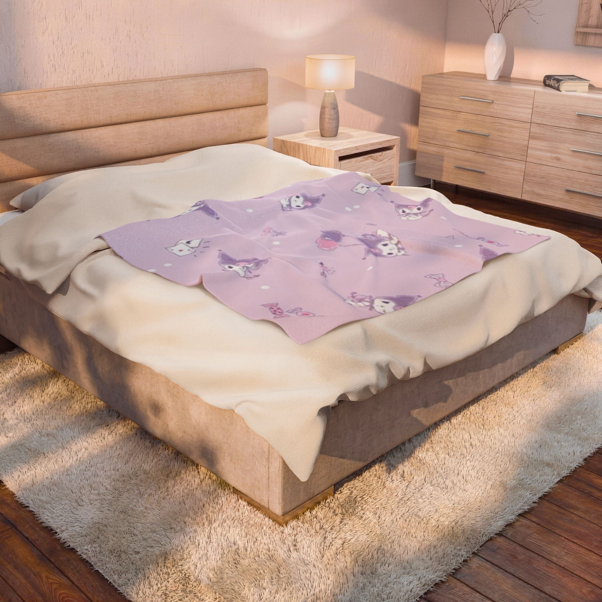 Plush Velveteen Blanket – Cute Lavender Kawaii Character Throw
