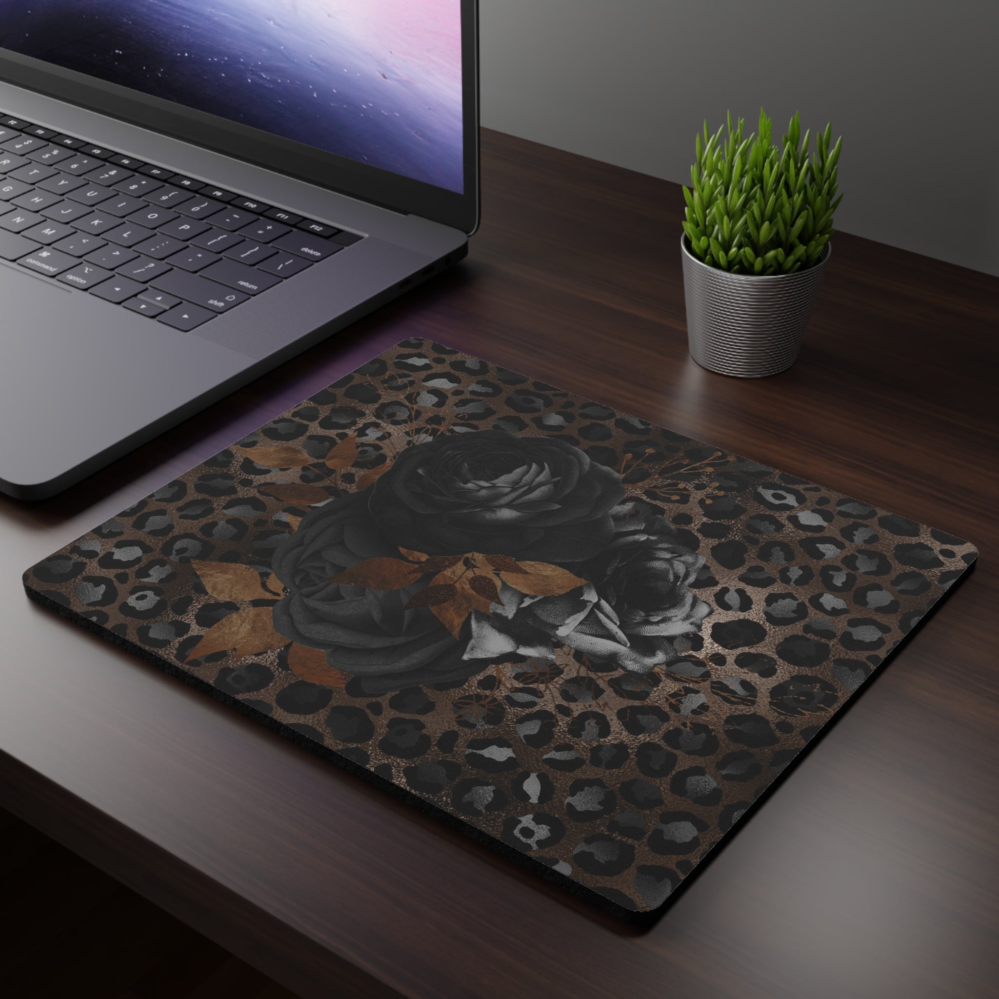 Leopard Noir Floral Mouse Pad — Dark Rose Desk Mat