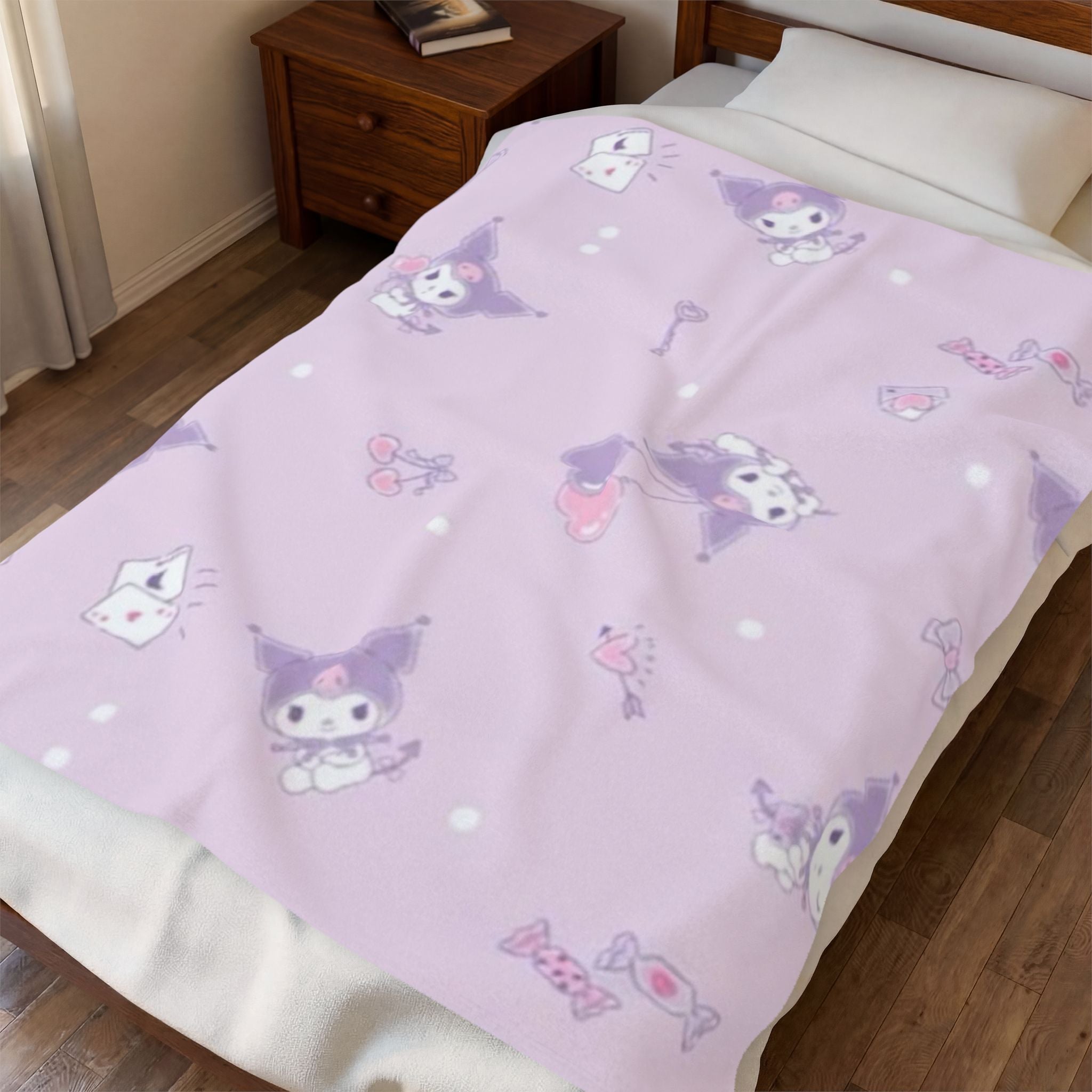 Plush Velveteen Blanket – Cute Lavender Kawaii Character Throw